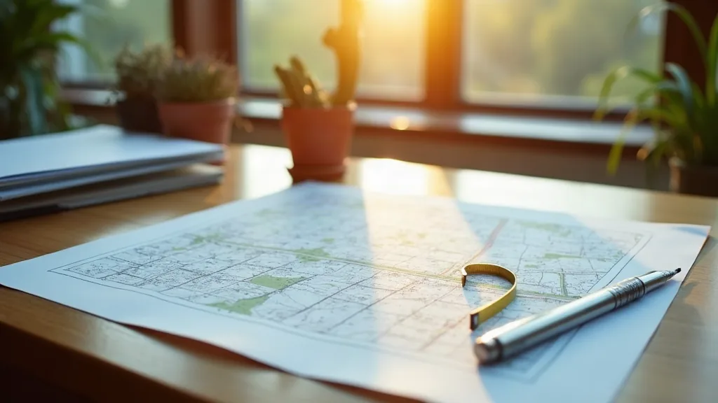 Distance entre une clôture et un champ : ce que dit vraiment la loi Documents et plan de bornage posés sur un bureau pour vérifier la distance entre une clôture et un champ