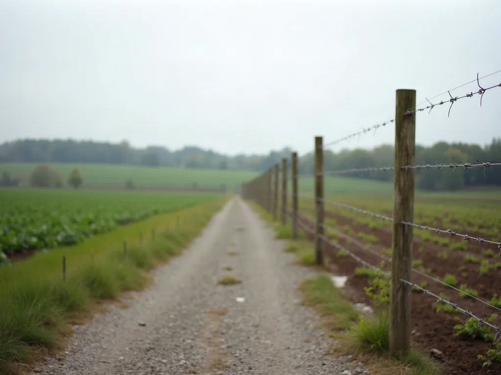 Distance entre une clôture et un champ : ce que dit vraiment la loi Clôture basse installée en limite d'un champ cultivé avec des rangs de jeunes plants