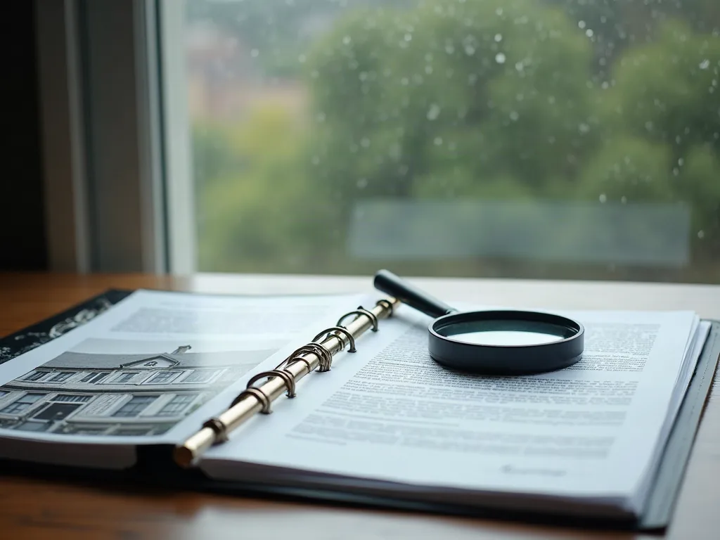 Maison Phénix : ce qu'il faut savoir avant d'acheter ou de rénover Dossier notarial et photographie de façade posés sur une table près d'une fenêtre humide