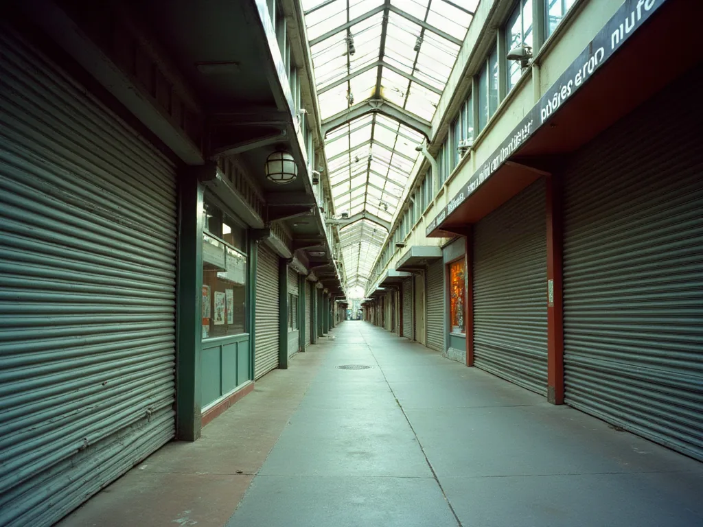 Vitrines fermées et devantures éteintes dans une galerie commerciale urbaine
