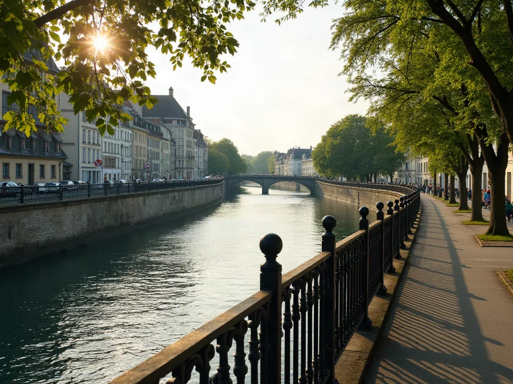 Quai en pierre le long d'une rivière dans une ville française, ambiance calme en après-midi