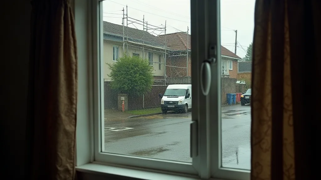 Six-Fours-les-Plages : quels quartiers éviter avant d'acheter ? Rue résidentielle du Var vue depuis une fenêtre après la pluie, avec travaux de façade en arrière-plan