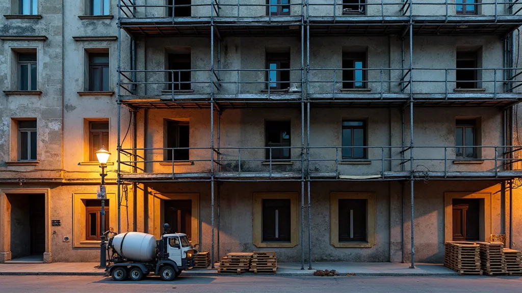Quartiers à éviter à Perpignan : ce que révèlent vraiment les chiffres Chantier de rénovation urbaine sur immeuble ancien au crépuscule, échafaudages et matériaux de construction