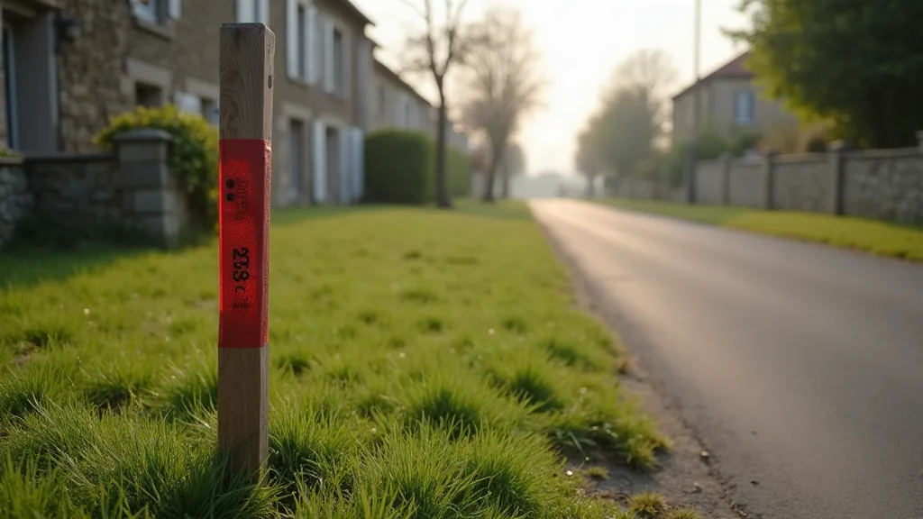 1 hectare en m2 : la conversion exacte (et comment vraiment se le représenter) Terrain délimité par un piquet d'arpenteur en bordure d'une rue résidentielle le matin